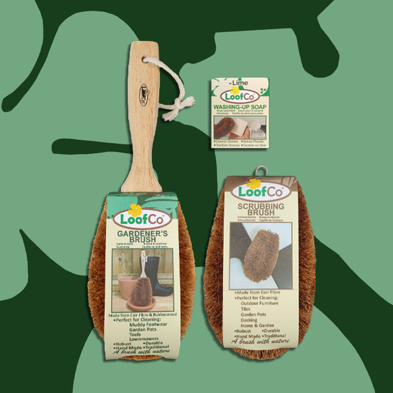 LoofCo garden brushes on green background with eco logos