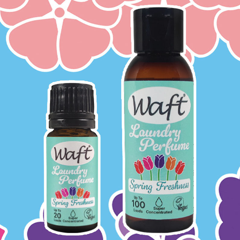 colourful image with 2 bottles of Waft Laundry Perfumes