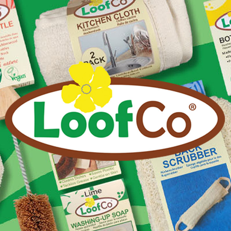 selection of loofah pads and coir brushes on a green background with LoofCo logo