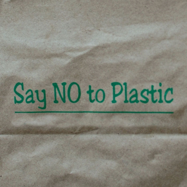visual of the side of a brown paper bag with 'Say No to Plastic' printed on it