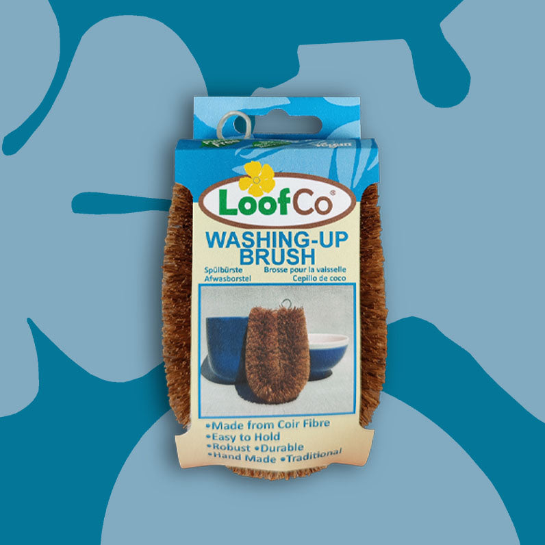 LoofCo Washing-Up Brush with blue background and eco logos
