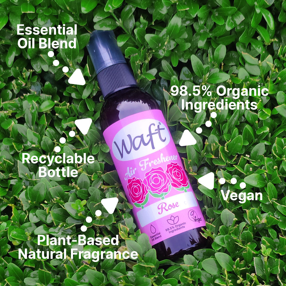 Rose Air Freshener with pink label on green leafy background