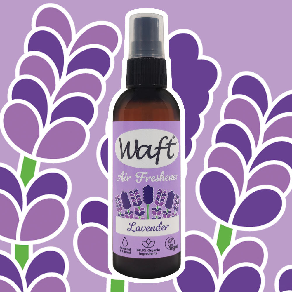 Waft Air Freshener Lavender in brown bottle with purple label on a purple colourful background