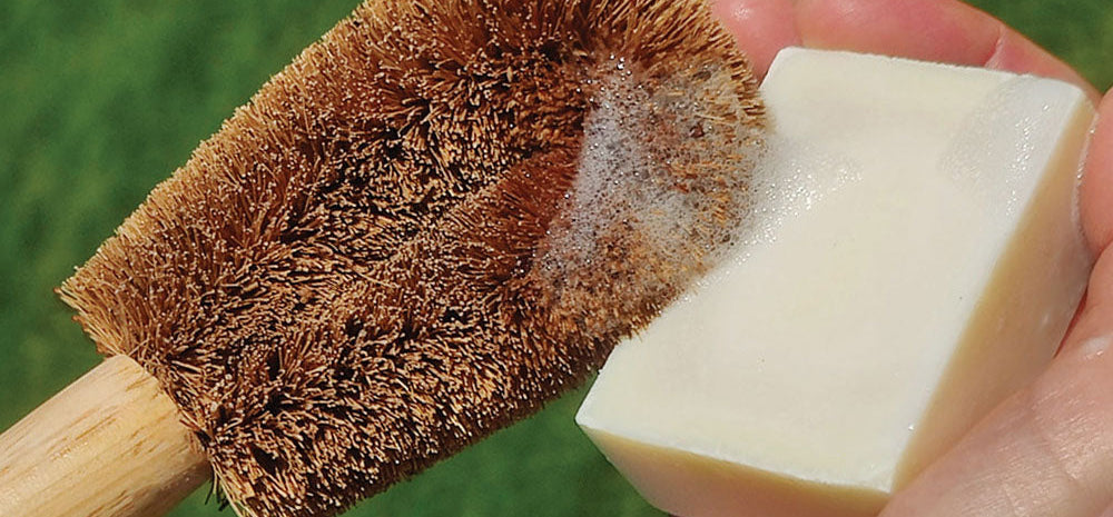 Washing up dishes with brush and soap bar