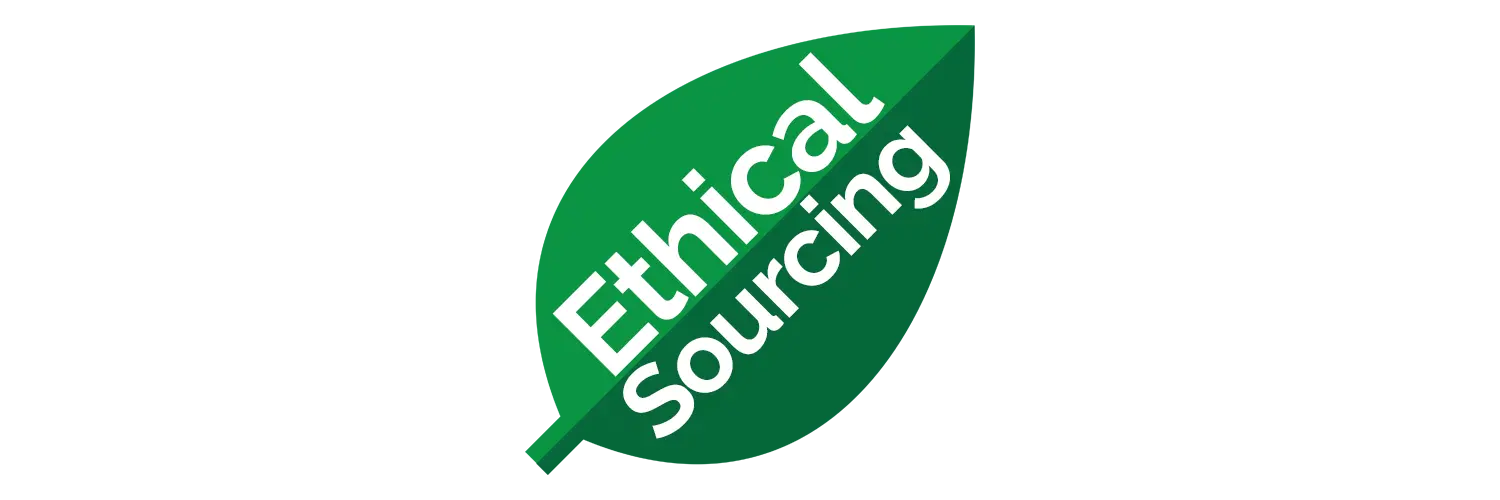 Logo of Ethical Sourcing with a green leaf on a white background