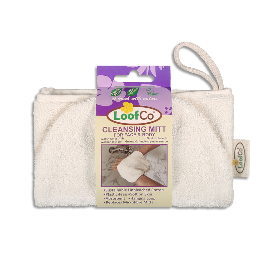 LoofCo Cleansing Mitt in packaging on white background - soft and sustainablecotton terry towelling glove for a gently clean 