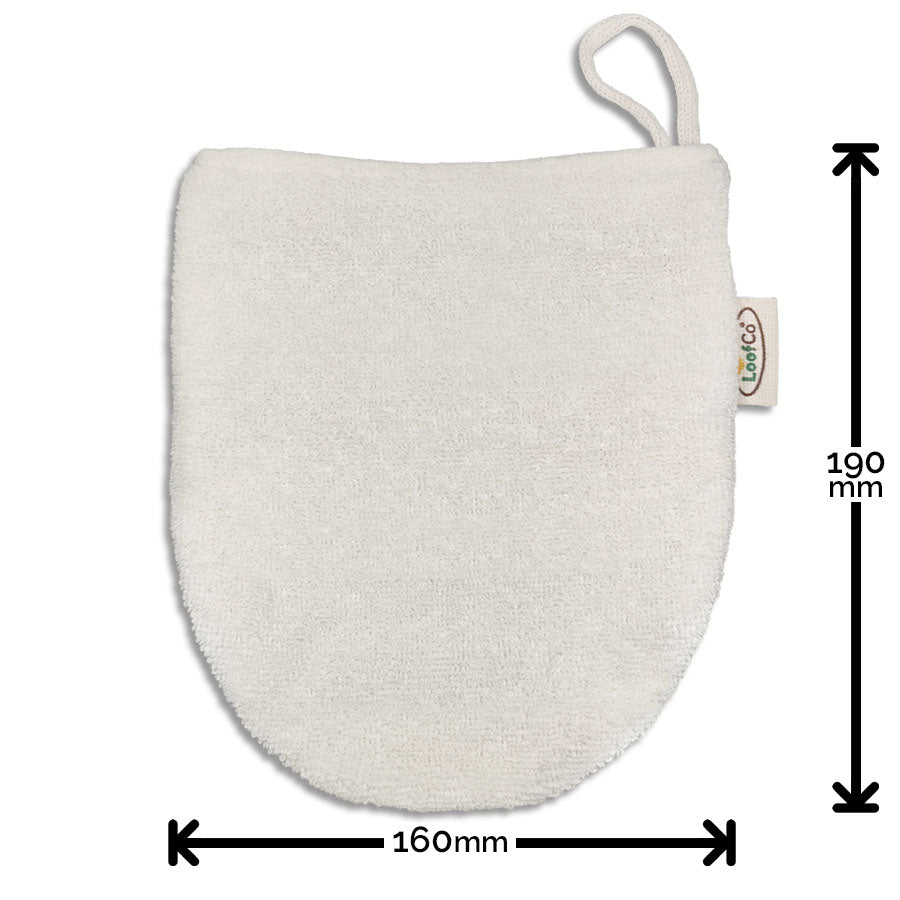 LoofCo Cleansing Mitt-  unpackaged opened out towelling glove on white background  with product measurements