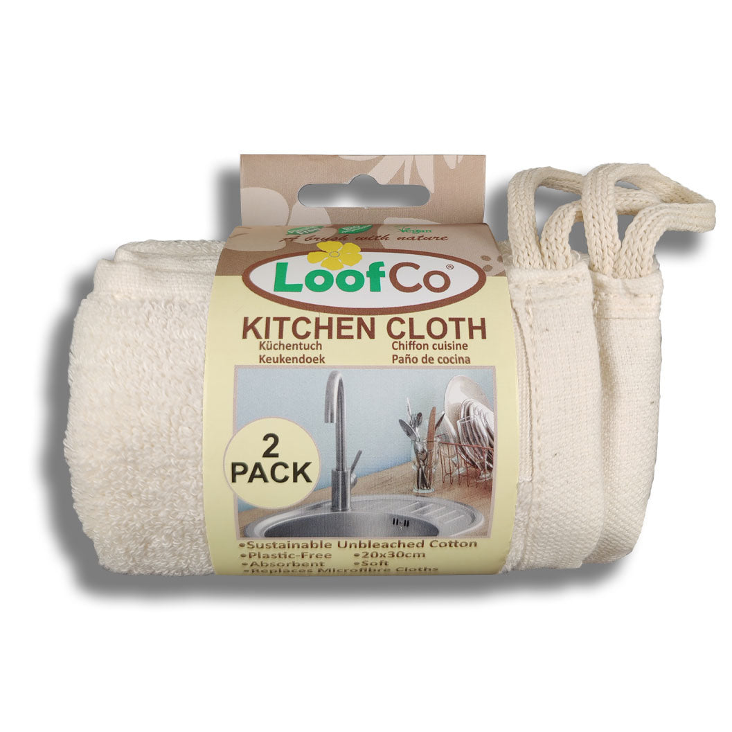 LoofCo Kitchen Cloths ( 2-Pack) folded in packaging- eco-friendly reusable towelling cloths made from sustainable cotton.