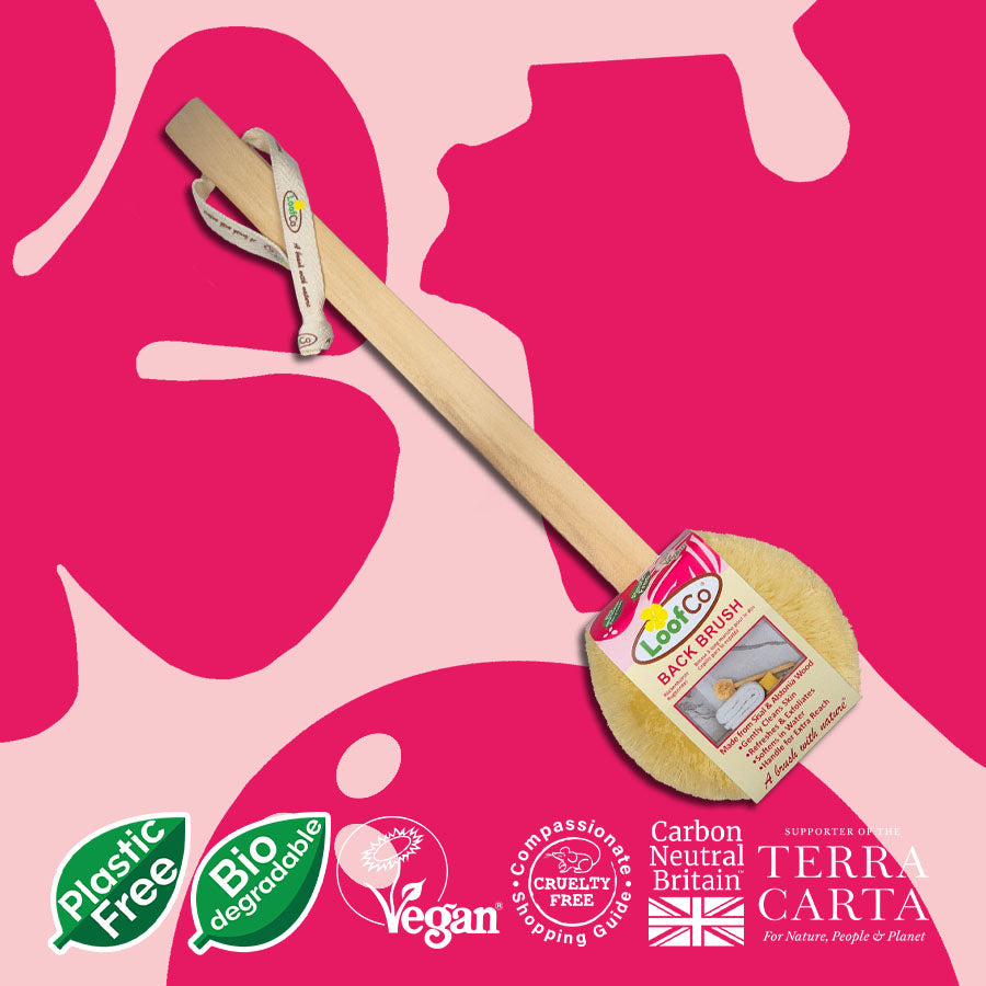 LoofCo Back Brush with packaging on a pink background, featuring sustainability logos.