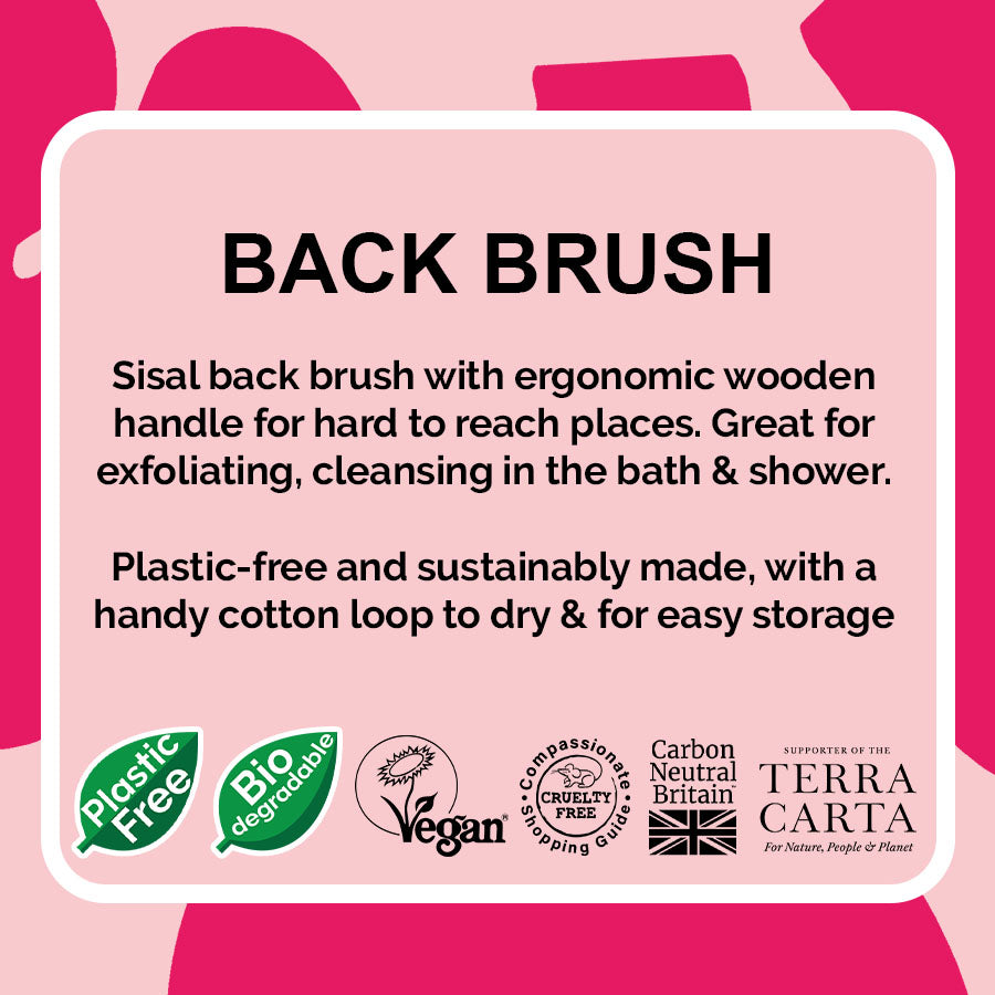 Product description for a LoofCo back brush with sustainability features on a pink background