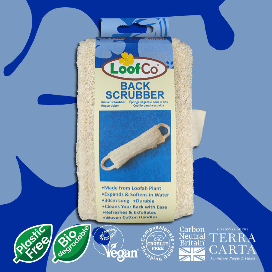 LoofCo Back Scrubber shown folded in packaging with blue background and sustainability icons