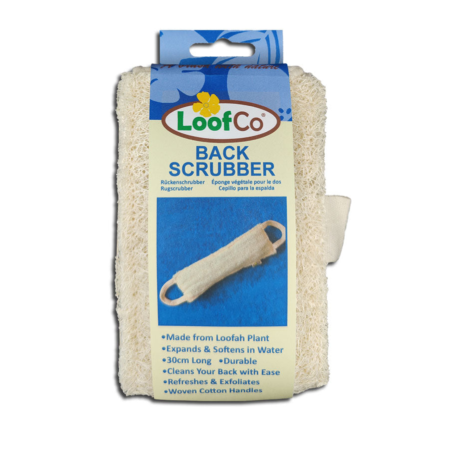 LoofCo Back Scrubber in packaging on white background- folded long natural loofah for gentle exfoliation and eco-friendly bathing