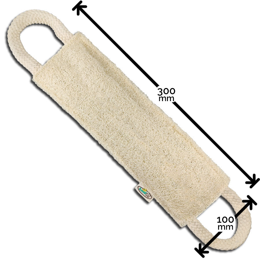 LoofCo Back Scrubber-  unpackaged opened out loofah back scrubber on white background  with product measurements