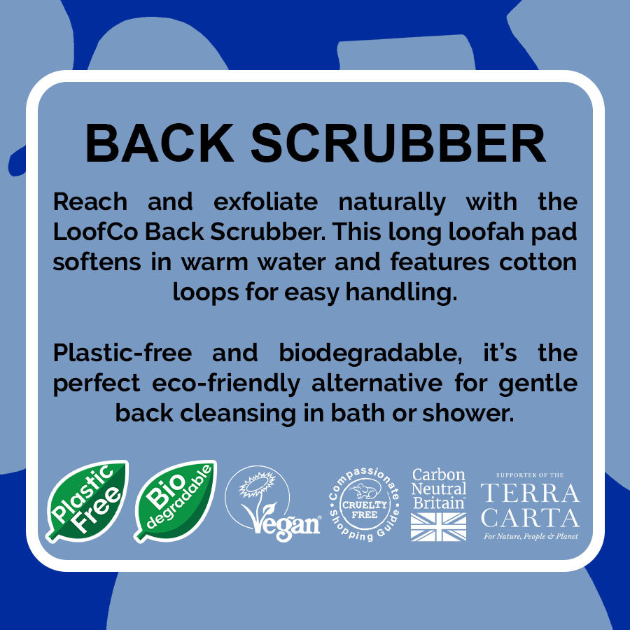 LoofCo Back Scrubber colourful blue graphic of product description - a loofah back scrubber with cotton loops for  easy use.