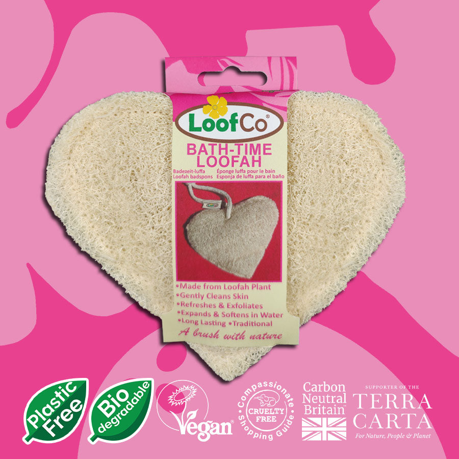 LoofCo Heart Loofah Pad in packaging on pink background with sustainability icons
