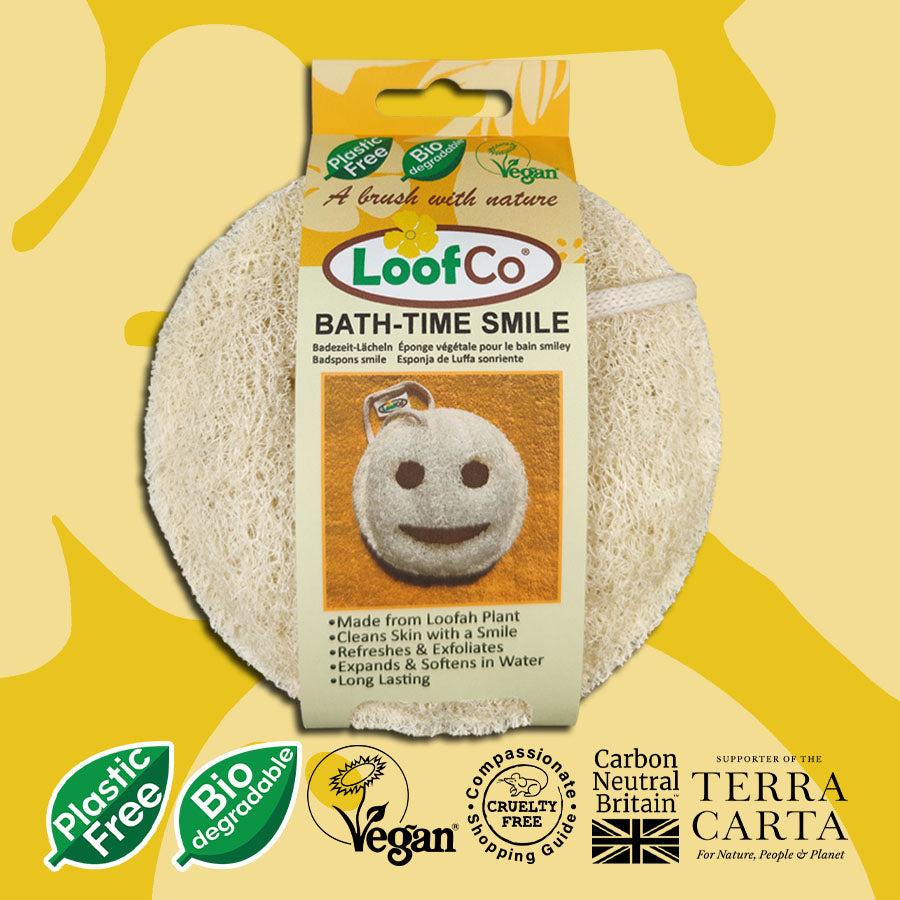 LoofCo Bath-Time Smile in packaging with yellow background and sustainability logos 