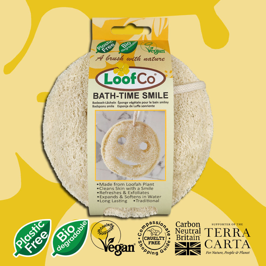 LoofCo Bath-Time Smile in packaging with yellow background and sustainability logos 
