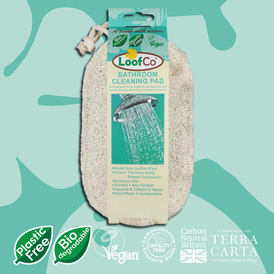 LoofCo Bathroom Cleaning Pad in packaging on turquoise backfround with sustainability icons