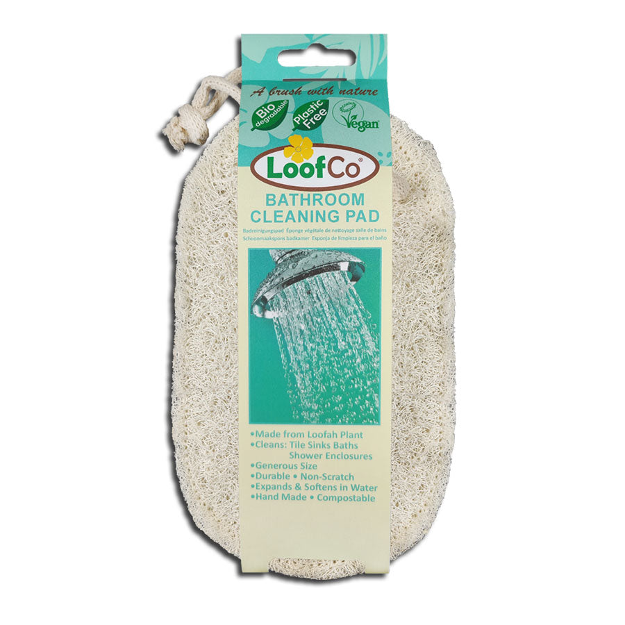 LoofCo Bathroom Cleaning Pad in packaging made from natural loofah, designed for scrubbing larger areas tiles and sinks.