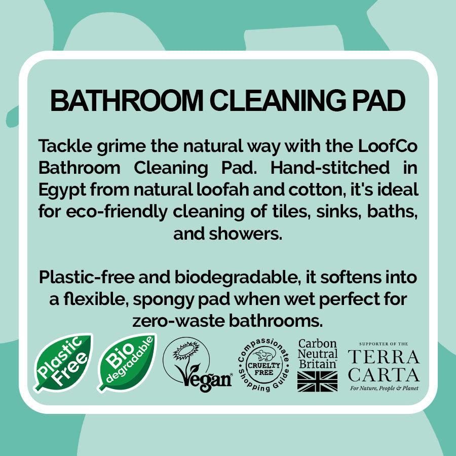 LoofCo Bathroom Cleaning Pad  visual of product description on turquoise background with eco logos