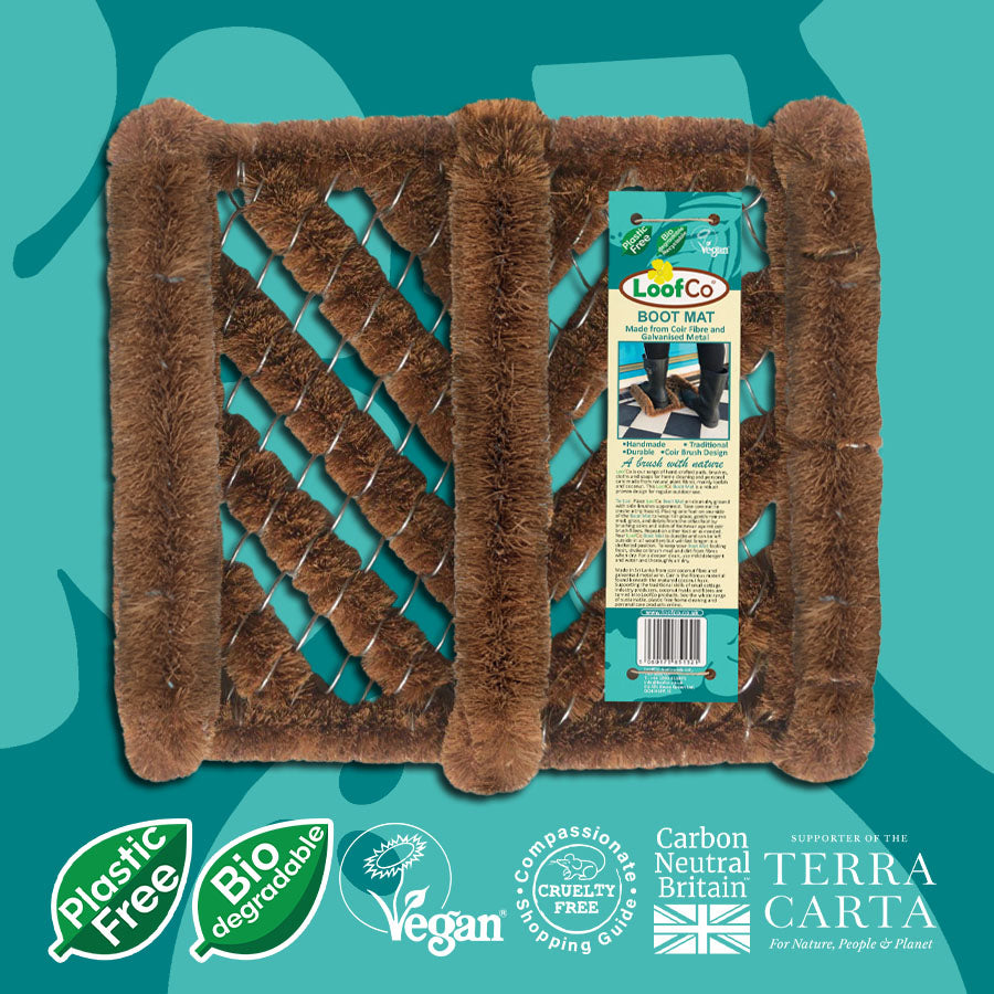 LoofCo Boot Mat in packaging on turquoise background with sustainability icons