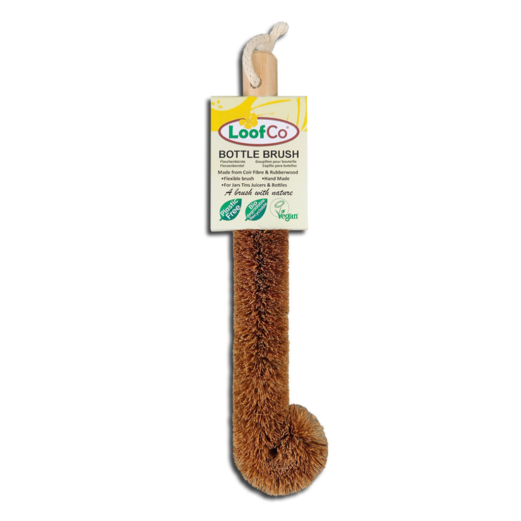 LoofCo Bottle Brush in packaging on white background coir fibre plastic free brush for cleaning bottles jars and tins