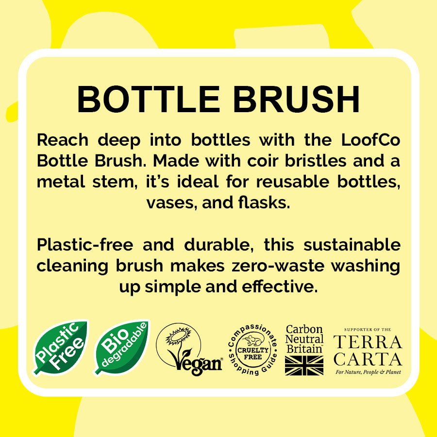  LoofCo Bottle Brush visual of product description on yellow background with eco logos