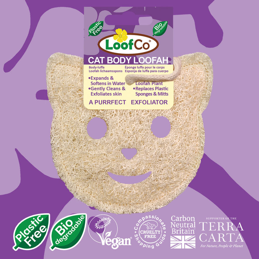 Cat body loofah with LoofCo branding on a purple background