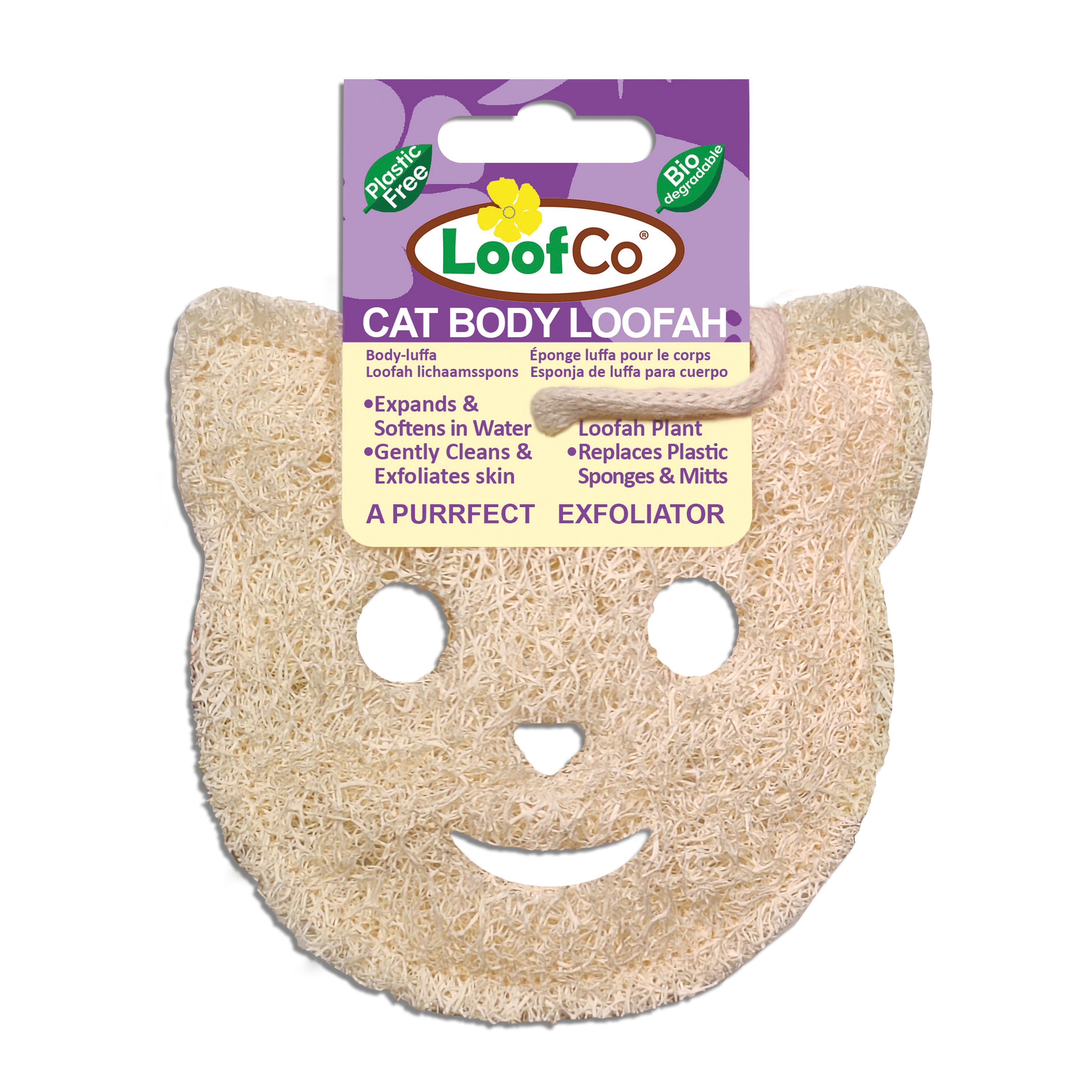 Cat body loofah with LoofCo packaging on a white background