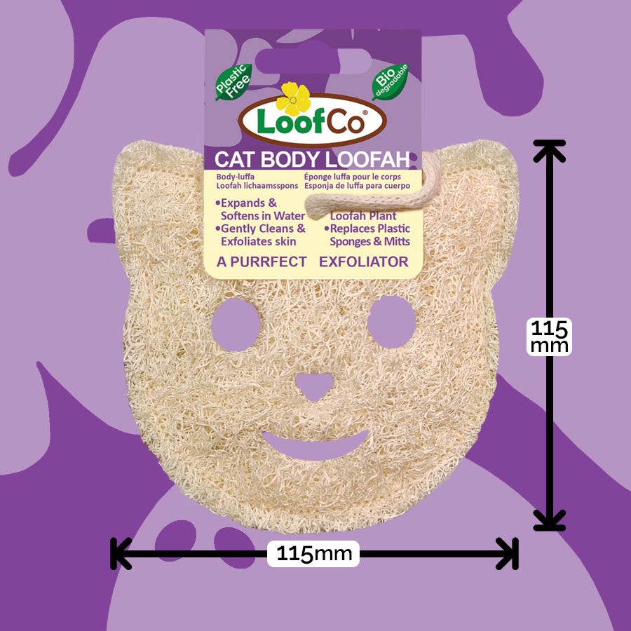 LoofCo Cat body loofah with measurements on a purple background