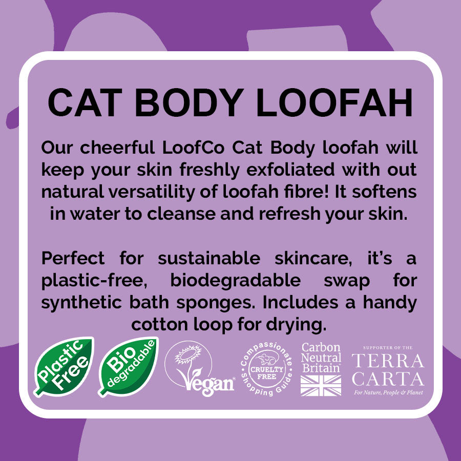 LoofCo Cat Body loofah description and certification logos on a purple background