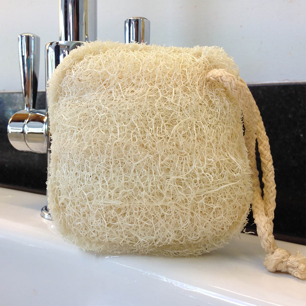 LoofCo Cleaning Pad loofah sponge on a kitchen sink with tap in the background