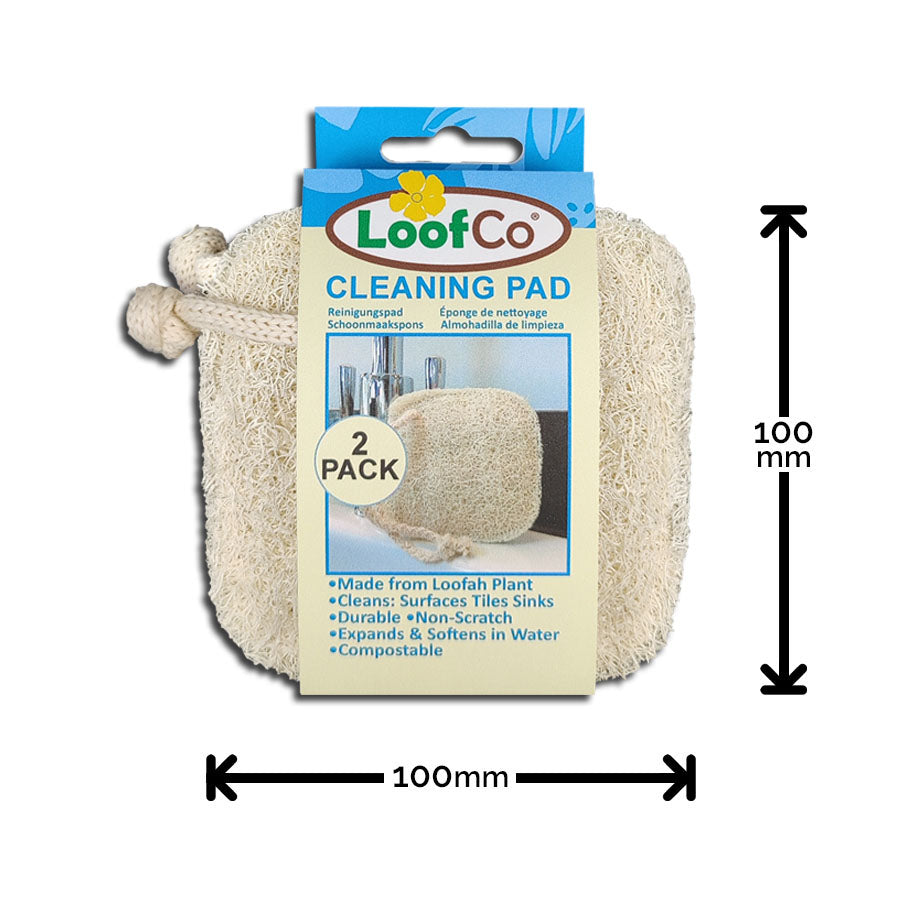 LoofCo Cleaning Pad 2-Pack in packaging on white background with measurements