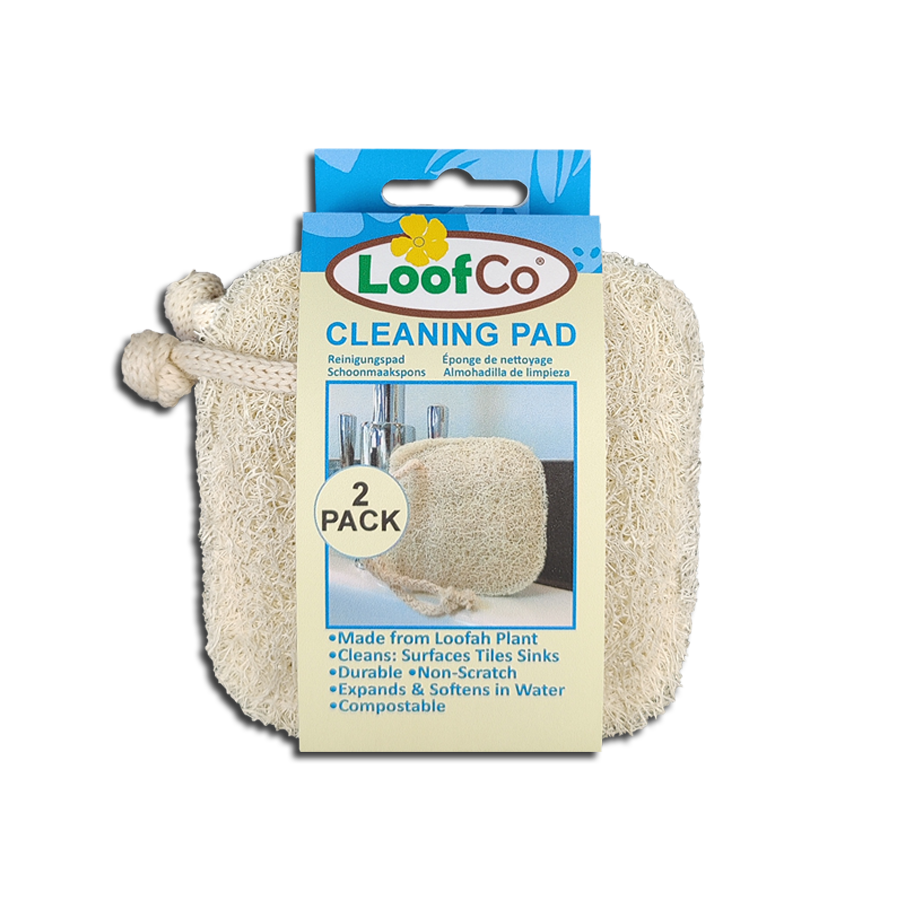 LoofCo Cleaning Pad 2-Pack in packaging natural loofah sponges for eco-friendly surface cleaning.
