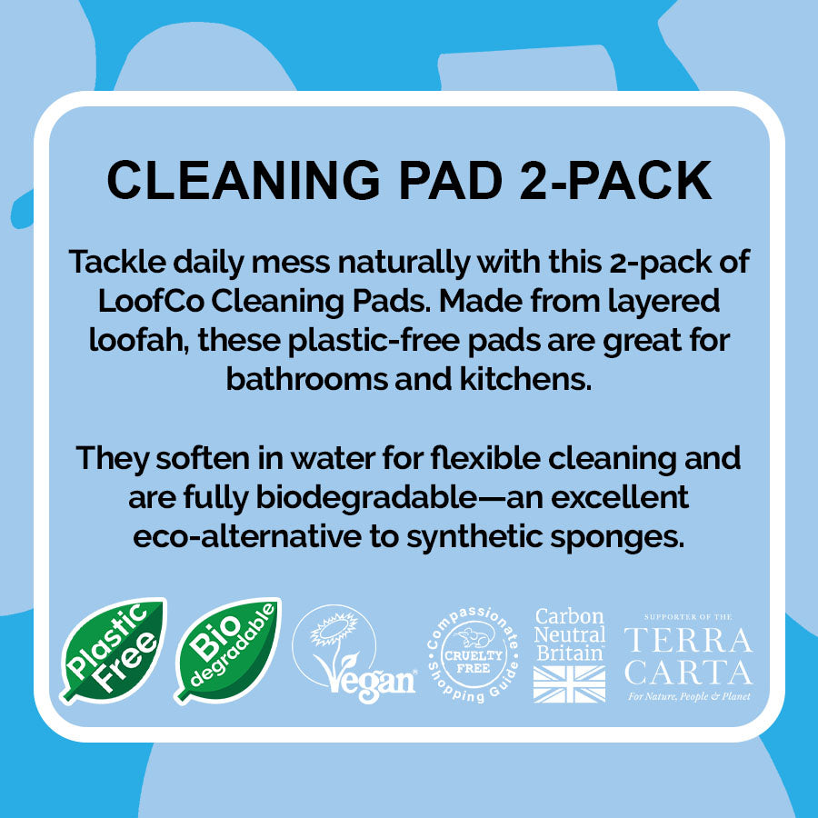 LoofCo Cleaning Pad 2-Pack visual of product description on blue background with eco logos