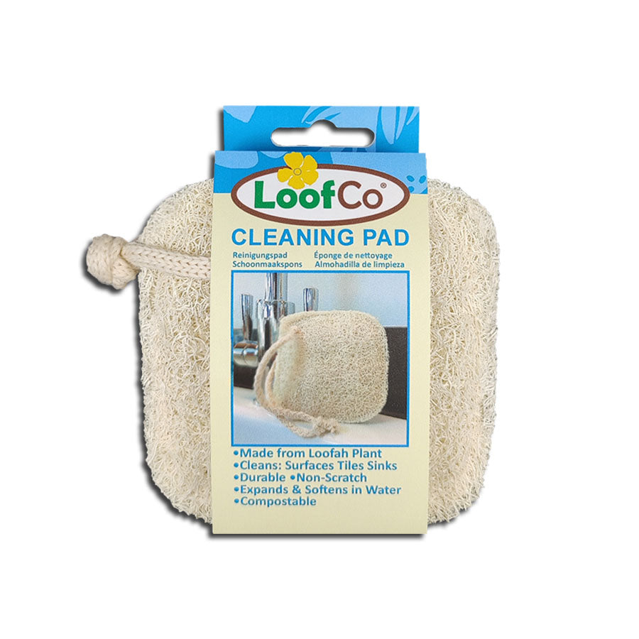 Single LoofCo cleaning pad for kitchens and bathrooms, made from loofah and cotton.