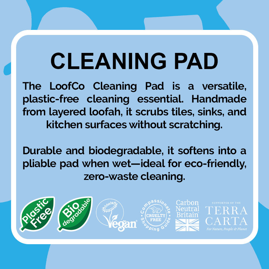 LoofCo Cleaning Pad visual of product description on blue background with eco logos