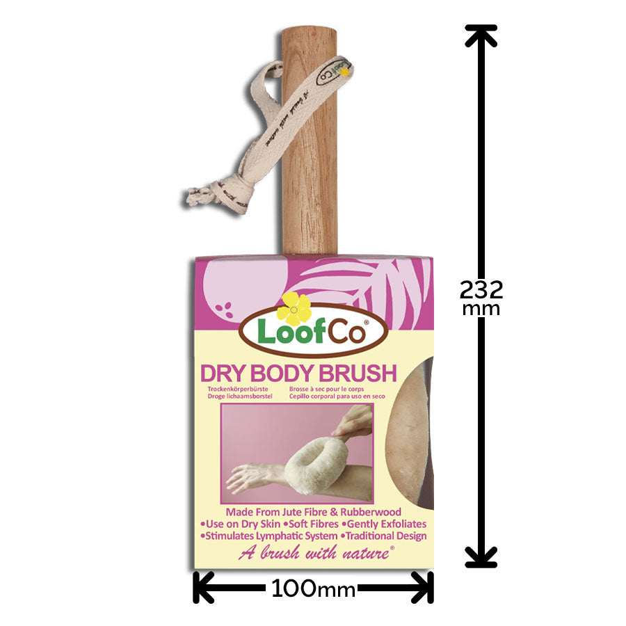 LoofCo Dry Body Brush in packaging with measurements