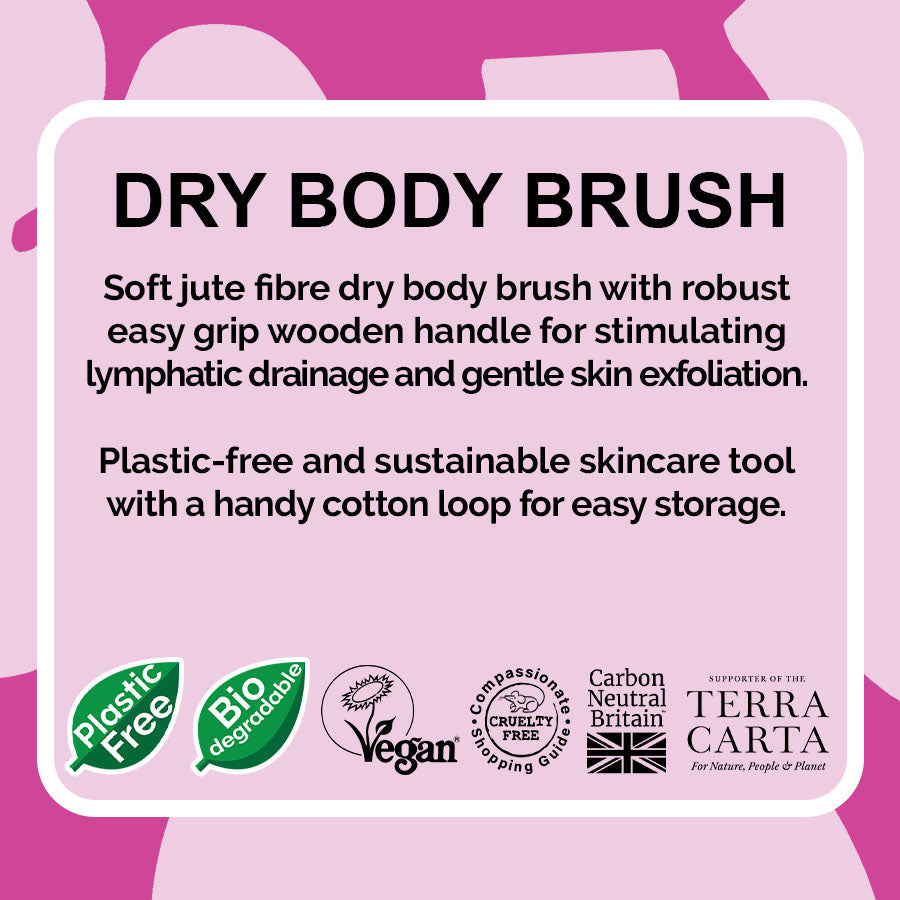 Product description of a LoofCo dry body brush with sustainability features on a pink background