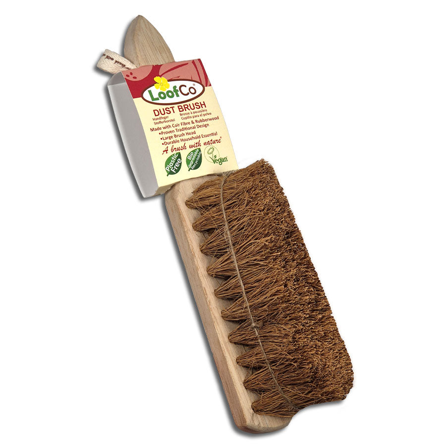 Dust brush with wooden handle and brown bristles, featuring a LoofCo label on a white background.