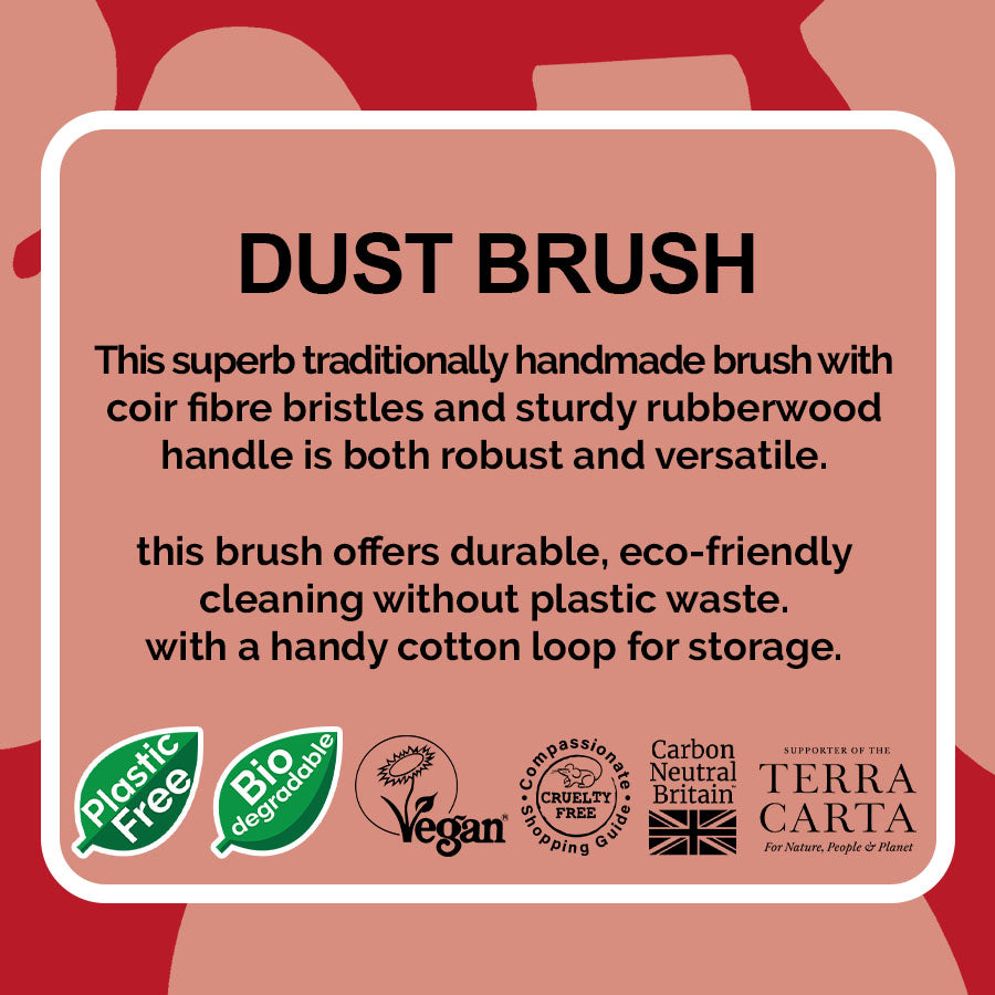 Product description of a LoofCo dust brush with branding and certification logos on a red background