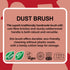 Product description of a LoofCo dust brush with branding and certification logos on a red background