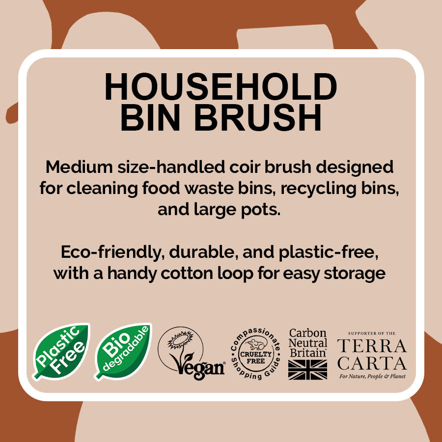 Product description for a LoofCo household bin brush with text and certification logos on a brown background.