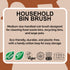 Product description for a LoofCo household bin brush with text and certification logos on a brown background.