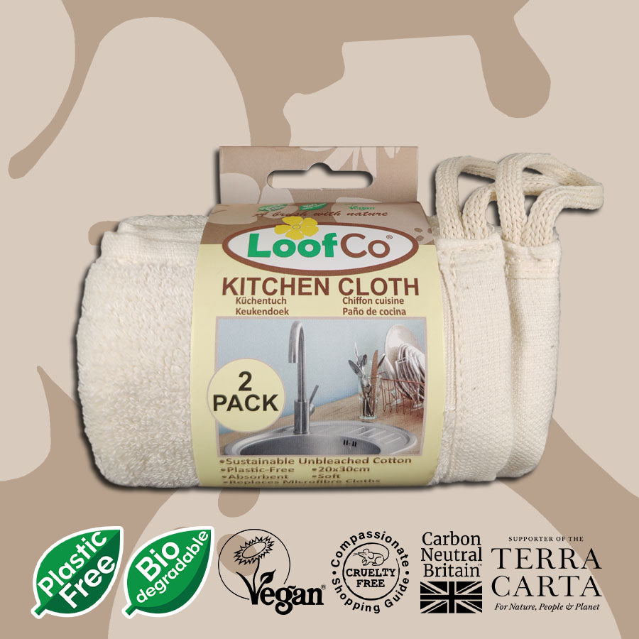 LoofCo Kitchen Cloth (2-Pack) folded in packaging on beige background with sustainability logos