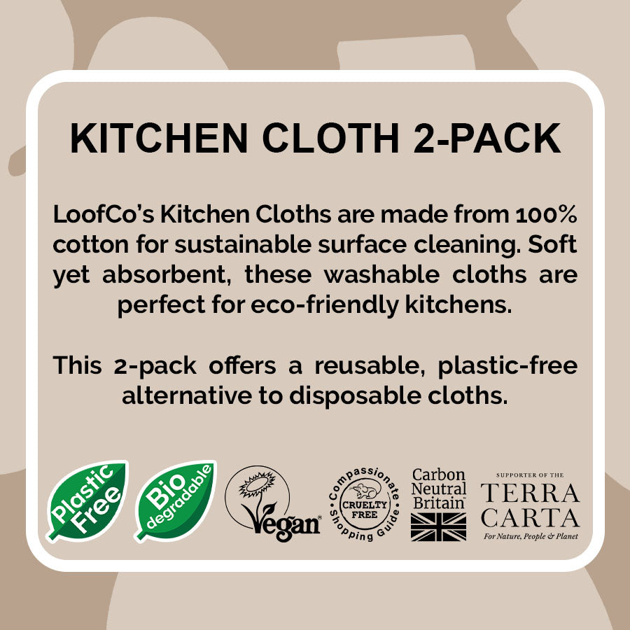  LoofCo Kitchen Cloth (2-Pack) visual of product description on beige background with eco logos