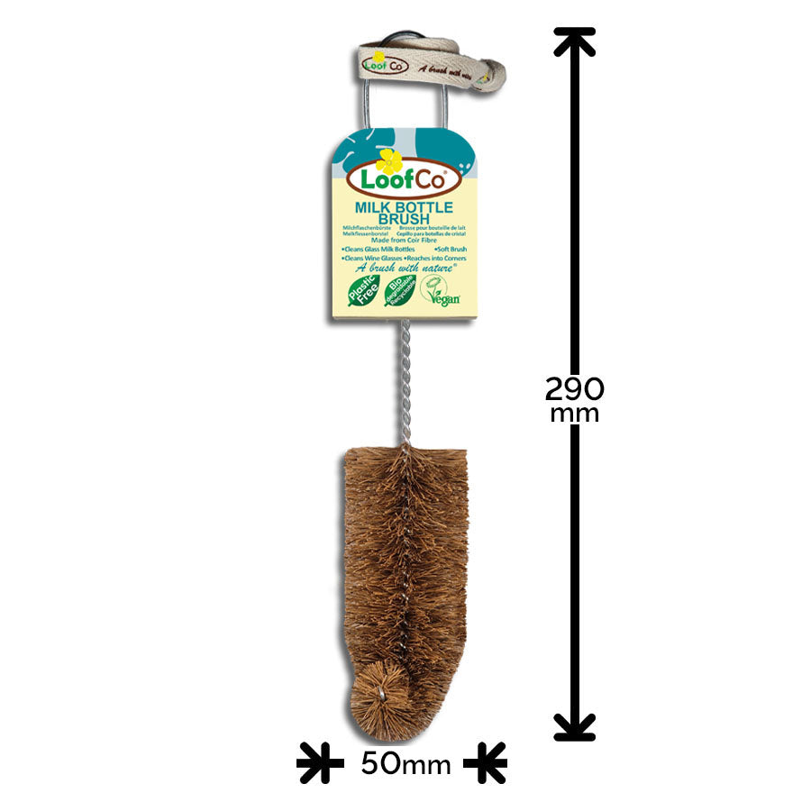 LoofCo milk bottle brush with measurement details on a white background
