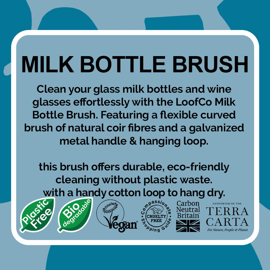 LoofCo Milk Bottle Brush  product details and sustainability certifications on a blue background.