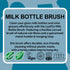 LoofCo Milk Bottle Brush  product details and sustainability certifications on a blue background.