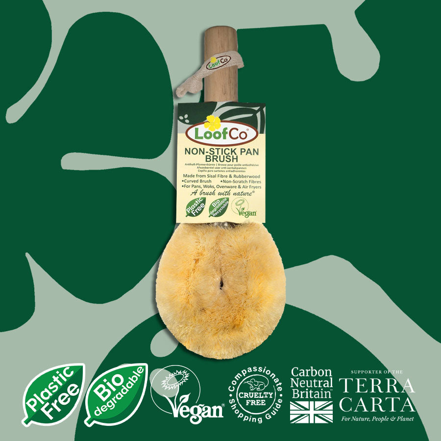 LoofCo Non Stick Pan Brush on green colourful background with logos